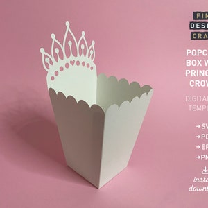 Popcorn Box mit Prinzessin Krone für Feiern mit Muster inklusive, Digitale Popcorn Box Vorlage SVG 3D, Geschenkbox DIY, Party Favor