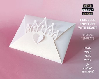 Princess Envelope SVG, Heart envelope, Printable Stationery Template, Digital template, Paper Crown Gift, DIY Tutorial, Instant Download