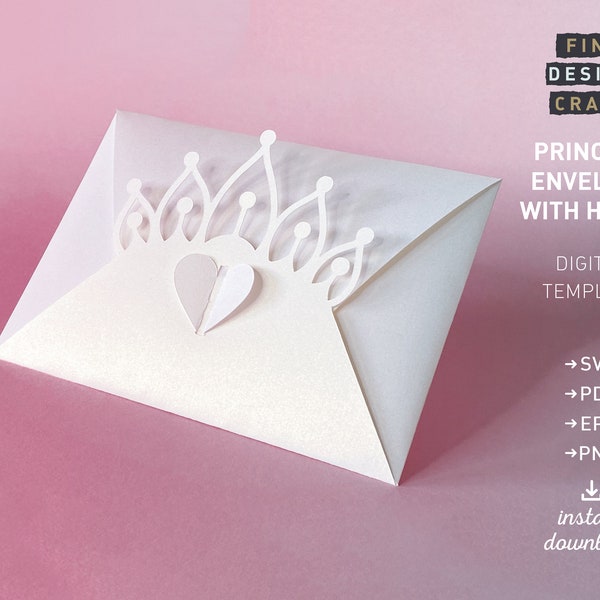 Princess Envelope SVG, Heart envelope, Printable Stationery Template, Digital template, Paper Crown Gift, DIY Tutorial, Instant Download