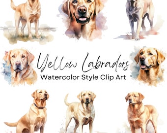 Gele Labrador Retriever Clip Art Bundle - 8 aquarel stijl PNG digitale downloadbestanden met Canva-sjabloonlink