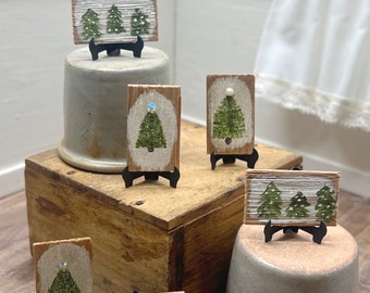 1:12 miniature dollhouse hand painted Christmas trees rustic painting on shingles paintings