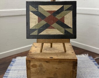Hand-painted primitive vintage rustic minature quilt square on wood Dollhouse decor (1:12 scale)