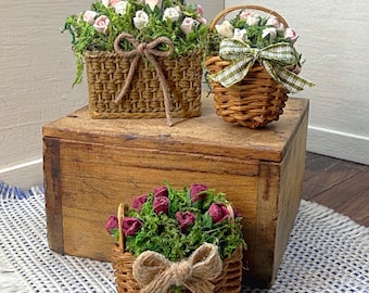 1:12 Handmade Miniature Spring Flower Baskets for Dollhouse