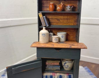 1:12 minature dollhouse handmade wooden primitive vintage rustic step back cabinet