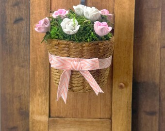 1:12 miniature dollhouse primitive handmade spring basket with flowers