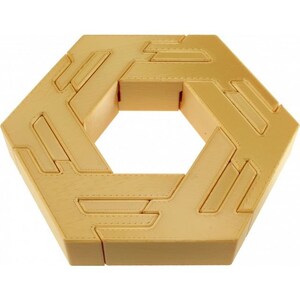 May include: A gold-colored, hexagonal puzzle with a hollow center. The puzzle is made of interlocking pieces that can be rearranged to create different patterns.