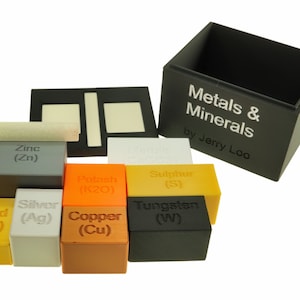 May include: A set of small, colorful cubes representing different metals and minerals. The cubes are labeled with their chemical symbols and names, such as Gold (Au), Silver (Ag), Copper (Cu), Zinc (Zn), Tungsten (W), Potash (K2O), and Sulphur (S). The cubes are arranged in a box labeled "Metals & Minerals by Jerry Loo".