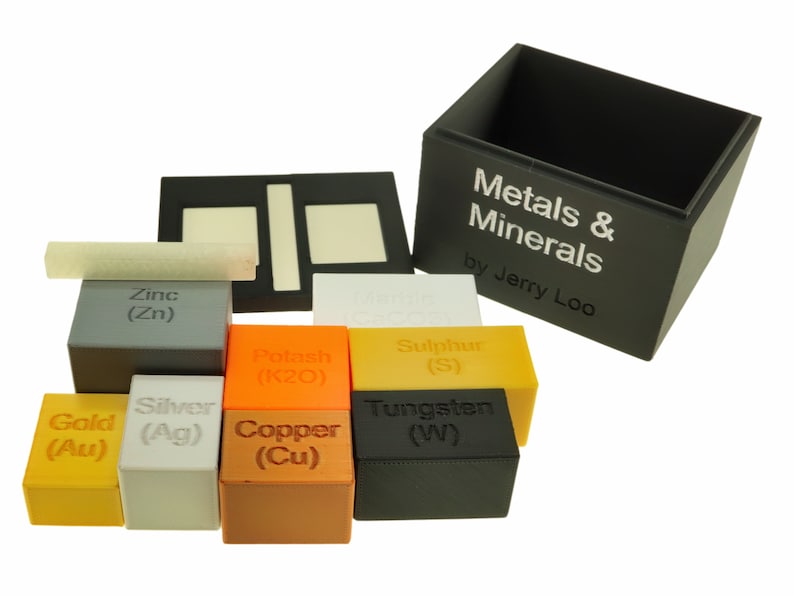May include: A set of small, colorful cubes representing different metals and minerals. The cubes are labeled with their chemical symbols and names, such as Gold (Au), Silver (Ag), Copper (Cu), Zinc (Zn), Tungsten (W), Potash (K2O), and Sulphur (S). The cubes are arranged in a box labeled "Metals & Minerals by Jerry Loo".
