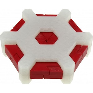 May include: A white and red hexagonal puzzle with a white center and red edges. The puzzle is made of interlocking pieces.