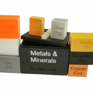 May include: A black box with the words "Metals & Minerals" and "by Jerry Loo" printed on the front. The box is open and contains small, colorful blocks labeled with the names and chemical symbols of various metals and minerals, including gold (Au), silver (Ag), copper (Cu), zinc (Zn), tungsten (W), sulphur (S), potash (K2O), and marble (CaCO3).