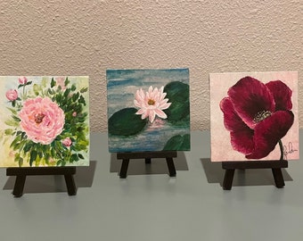 FLORALS 4x4 Miniature Hand Painted Canvas with Mini Easel