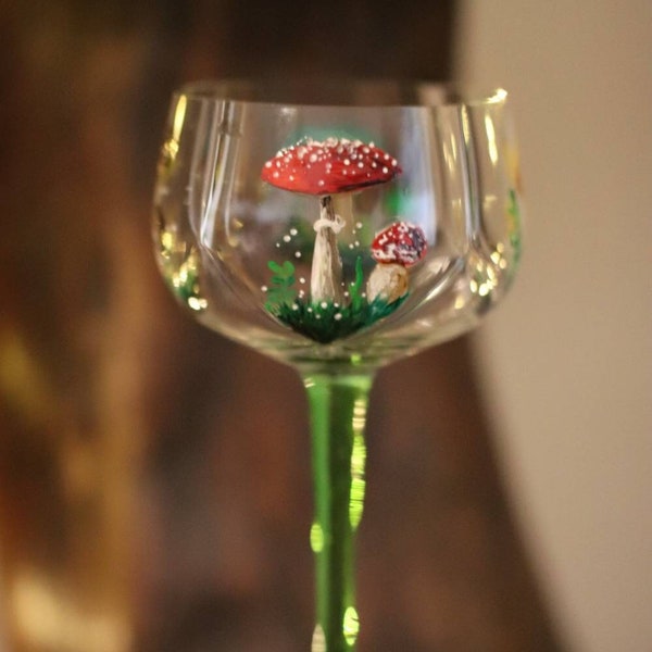 Hand painted Mushroom Wine Glass, Colorful Cottagecore inspired Glass with emerald green stem