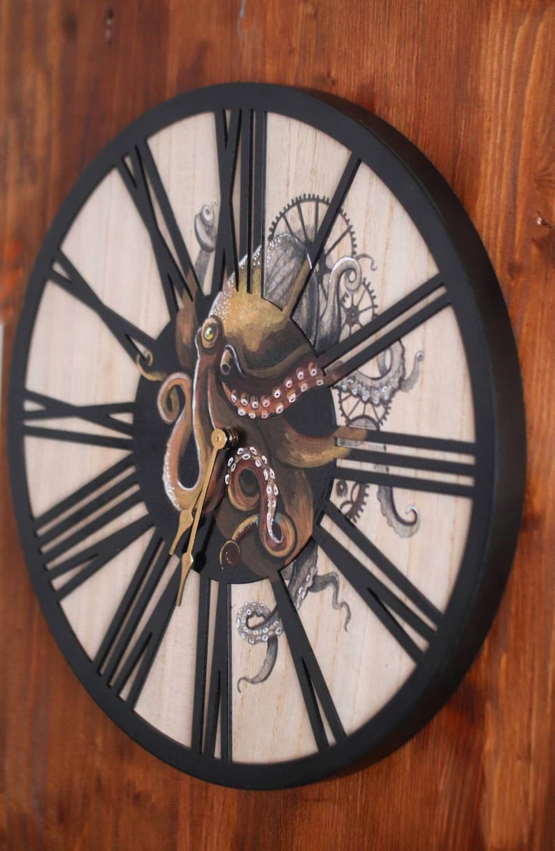 Orologio da parete in legno dipinto a mano raffigurante un polpo in stile steampunk - Cornice metallica immagine 4