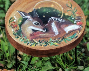 Hand Painted Wooden Coffee Table: Fawn & Mushroom Art, Unique Round Table
