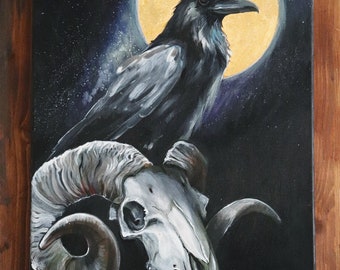 Peinture éthérée originale de corbeau sur la toile, avec la vraie lune de feuille d'or 22 carats, illustration de peinture de fantaisie du corbeau, pleine lune d'or réel