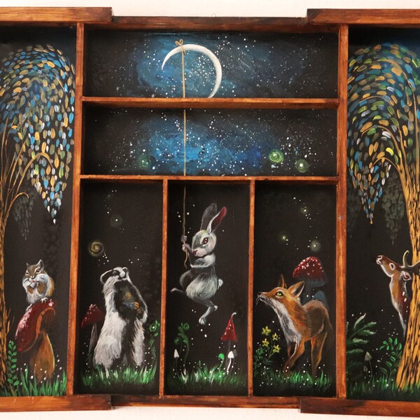 Hand painted Wooden Story Box, With Extendable Sides, Original Fairytale Enchanted Forest Themed Paintings on a Beautiful Wooden box