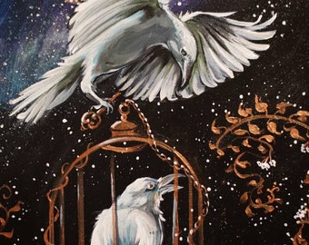 幻想的なカラスのカップルのアクリル画：楕円形のキャンバスに描かれた