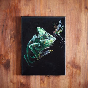 Original Chameleon and Dragonfly Painting on Canvas, Colorful Chameleon on Dark Background Beautiful Acrylic Painting