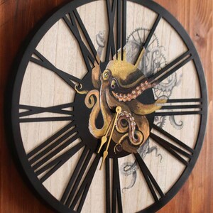 Orologio da parete in legno dipinto a mano raffigurante un polpo in stile steampunk - Cornice metallica immagine 5
