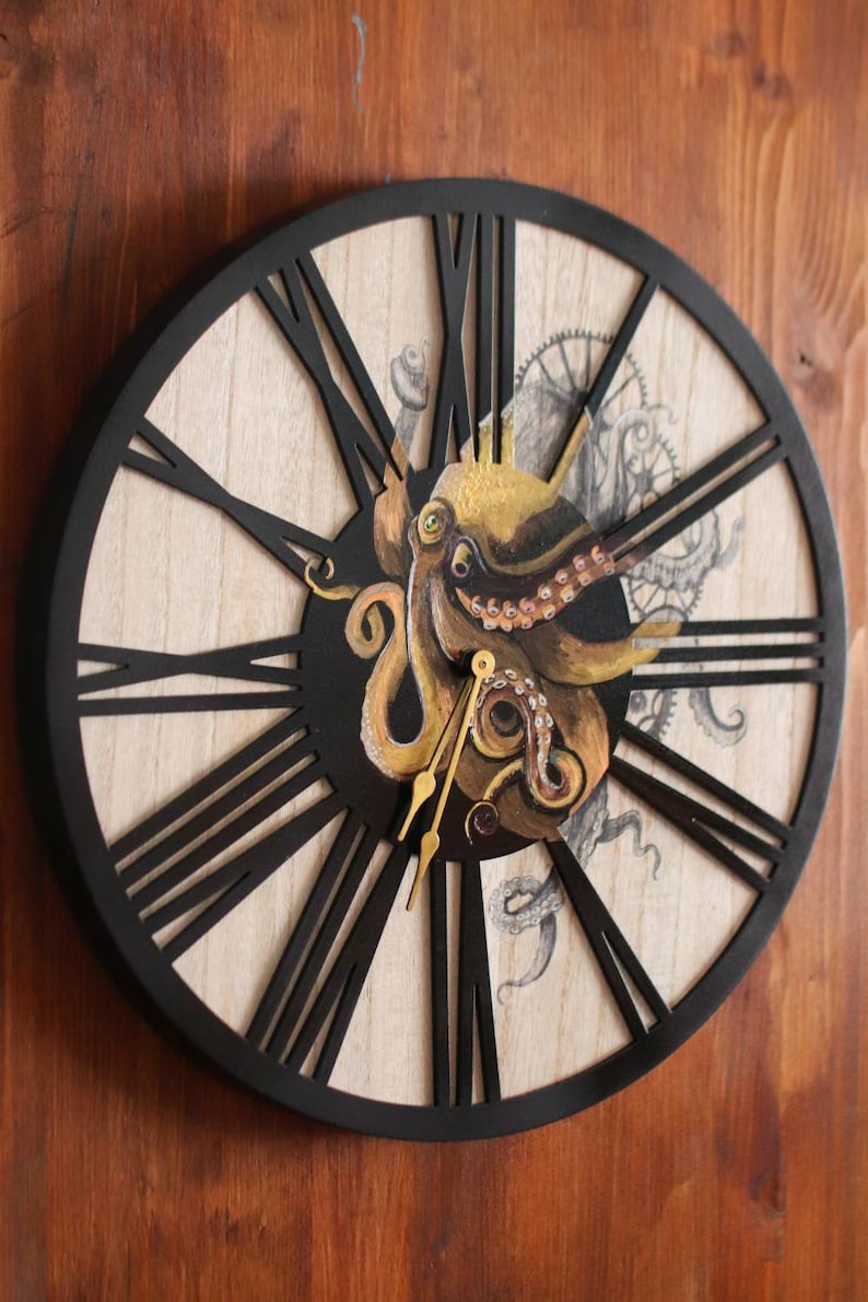 Orologio da parete in legno dipinto a mano raffigurante un polpo in stile steampunk - Cornice metallica immagine 5