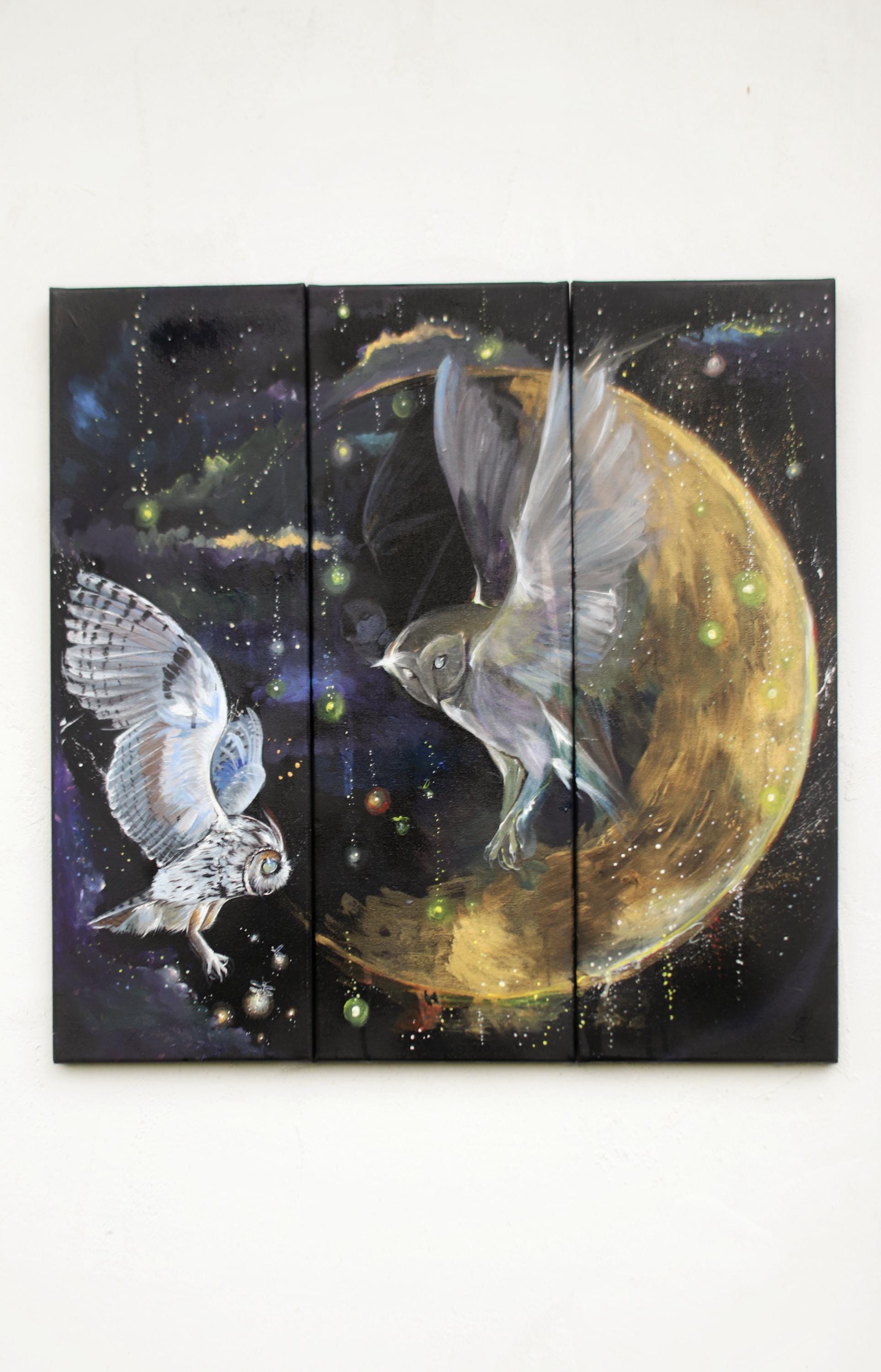 Original Acrylic Owls Triptych Painting on Canvas: Fantasy Art