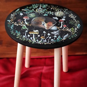 Hand painted beautiful fantasy table, round unique table with sleeping fox, colorful and detailed mushroom, plants, bird and moths paintings