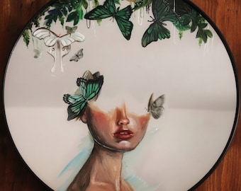 Hand Painted Ethereal Mirror with Woman Portrait and Butterflies, Unique Wall Mirror with Mysterious Fairy Portrait, Fairytale Mirror Art