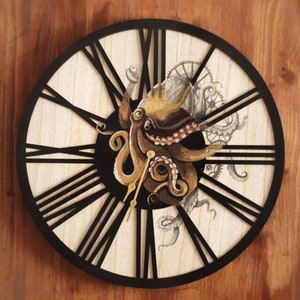 Handgeschilderde steampunk octopushouten wandklok - metalen lijst