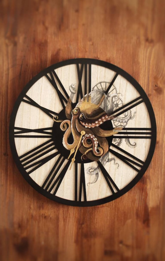 Hand-Painted Steampunk Octopus Wood Wall Clock - Metallic Frame