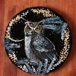 Owl Painting on Round Canvas, Original Hand Painted Forest Owl Painting on stretched Canvas