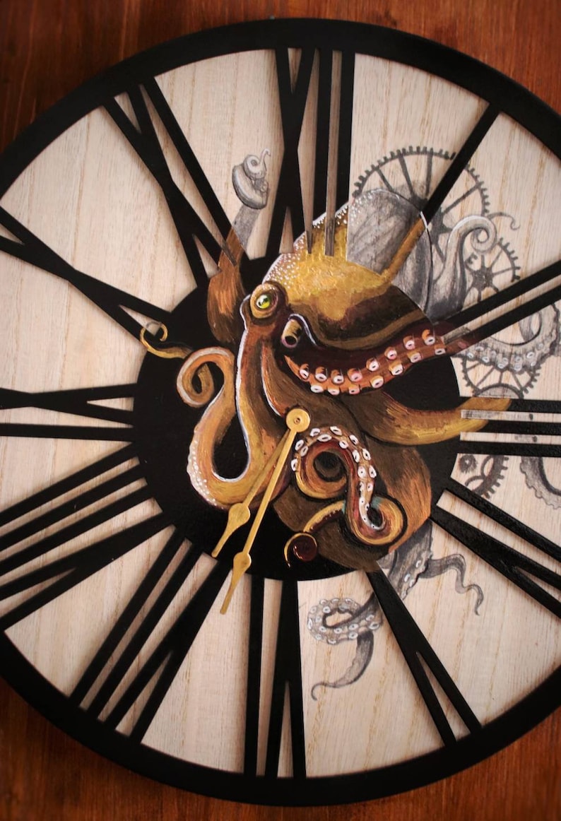 Orologio da parete in legno dipinto a mano raffigurante un polpo in stile steampunk - Cornice metallica immagine 3