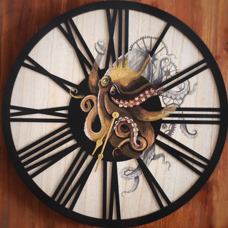Orologio da parete in legno dipinto a mano raffigurante un polpo in stile steampunk - Cornice metallica immagine 2