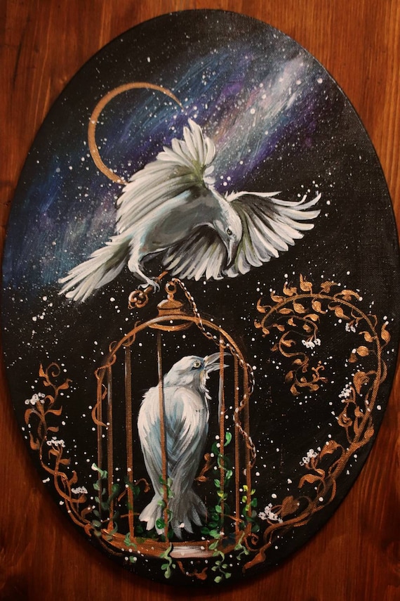 幻想的なカラスのカップルのアクリル画：楕円形のキャンバスに描かれた