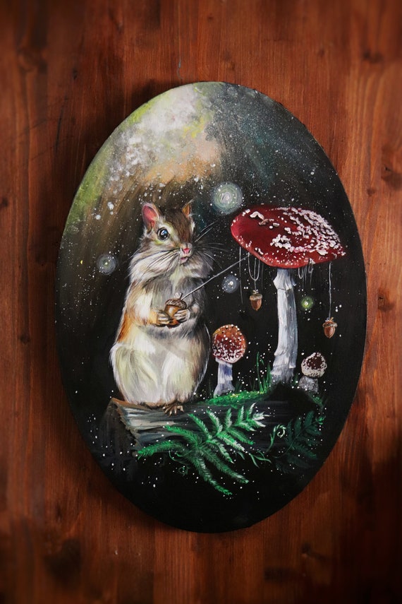 オリジナルのシマリスの絵画：楕円形のキャンバスに描かれた気まぐれな 