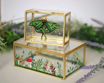 Hand painted Glass Jewelry Box Set, Precious Glass Boxes with Golden Metal Rims and Mushrooms and Luna Moth Paintings