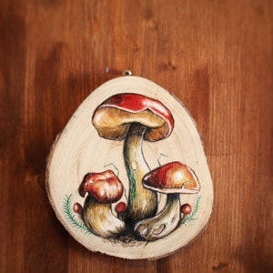 Hongos pintados a mano en rebanada de madera, hermosa rebanada de madera redonda decorativa con pinturas coloridas de hongos
