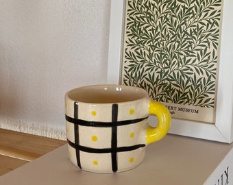 Black Striped-Yellow Handle Handmade Ceramic Mug, Black Ceramic Cup, Unique Gift Mug, Coffee Mug