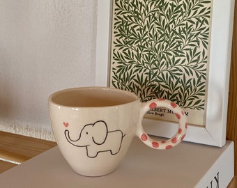 Cute Elephant Patterned Handmade Ceramic Mug, Elephant Pottery Mug, Unique Gift Mug