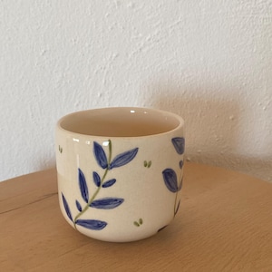 Blue Flowers Painted Handmade Ceramic Mug, Blue Plant Designed Unique Pottery Mug, Gift Mug Tea Cup
