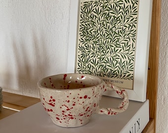 Red Dotted Twisted Handle Handmade Ceramic Mug, Red Speckled Pottery Mug, Red Unique Ceramic Cup