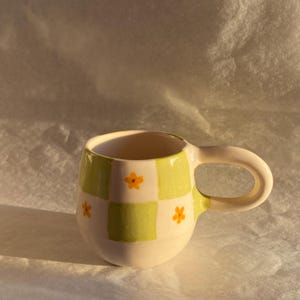Green Checkered and Orange Flowers Handmade Ceramic Mug, Green Checked Unique Pottery Mug, Gift Mug Tea Cup