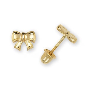 14K Solid Gold Bow Screw Back Dainty Stud Earrings Ribbon | 14K Yellow Gold or 14K White Gold