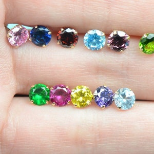 14K Yellow Gold Basket Set Birthstone Round Screw Back Stud Earrings with Cubic Zirconia 6mm.