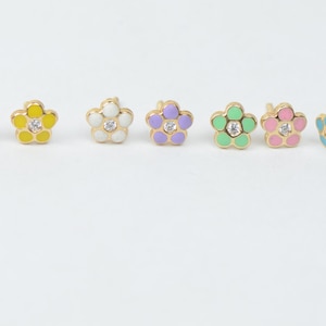 14K Yellow Gold Enamel Flower Baby Earrings Screw Back 5.7 mm. Comes in 7 Colors! Perfect Gift for any occasion!