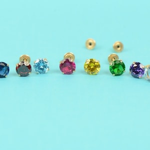 14K Yellow Gold Basket Set Birthstone Round Screw Back Stud Earrings with Cubic Zirconia 3mm.