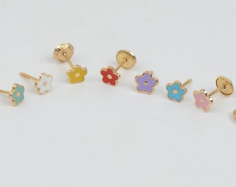 Flawless 14K Yellow Gold Enamel Flower Baby Earrings With Screw Back 5mm. Comes in 7 Colors!