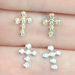 14K Yellow or White Gold Cross Cubic Zirconia Baby Stud Earrings with Screw Back 2mm. Perfect Gift for Mother&#39;s Day or any occasion!!