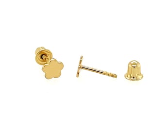 May include: A pair of gold flower-shaped stud earrings with a screw-back closure.