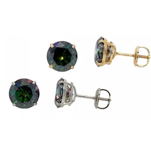 14K Gold  Certified D-VVS1 Round Rainbow Green Moissanite Flower Screw Back Studs Earrings Dainty