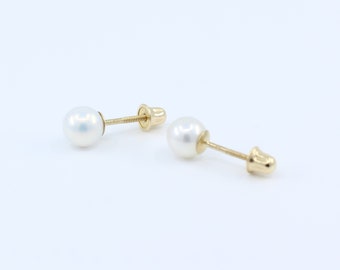 14K Solid Gold Genuine Pearl Screw Back Earrings | Pearl Studs | 14K Cultured Pearl Studs | Sizes 3mm 4mm 5mm 6mm 7mm 8mm